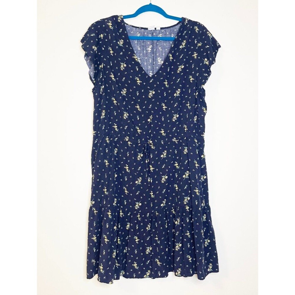 GAP Navy Blue Floral Mini Dress XL Rayon Flutter Sleeve Pockets Cottagecore